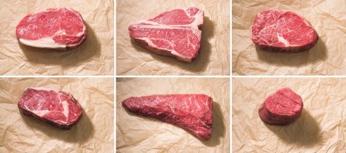 Diese Bildkombo (l.o.- r.u.) zeigt Stücke vom Rumpsteak, T-Bone Steak, Wet Aged Entrecote, Dry Aged Entrecôte, Tri-Tip, Bürgermeisterstück sowie Filet.